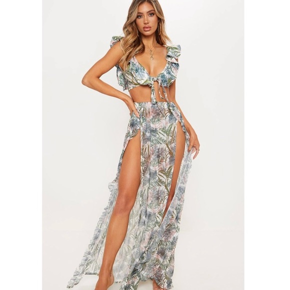 CLEARANCE Palm High Waist Sheer Chiffon Skirt Slit Coverup - Picture 3 of 5